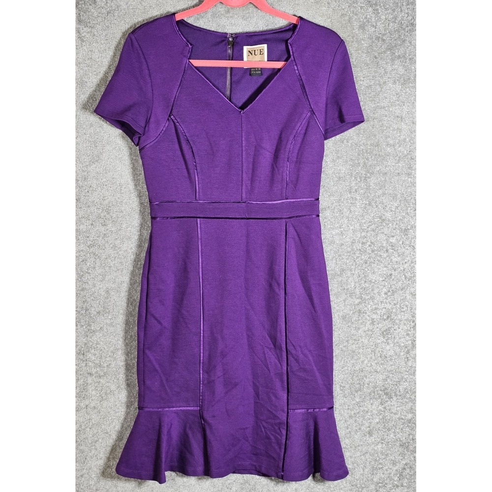 Nue By Shani Satin Trim Ponte Knit Tulip Hem‎ Dress Women Size 6 Purple V-Neck